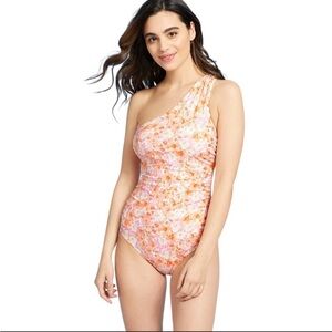 Kona Sol One Piece Swimsuit Floral Pink Orange Lightly Padded Ruched Size L